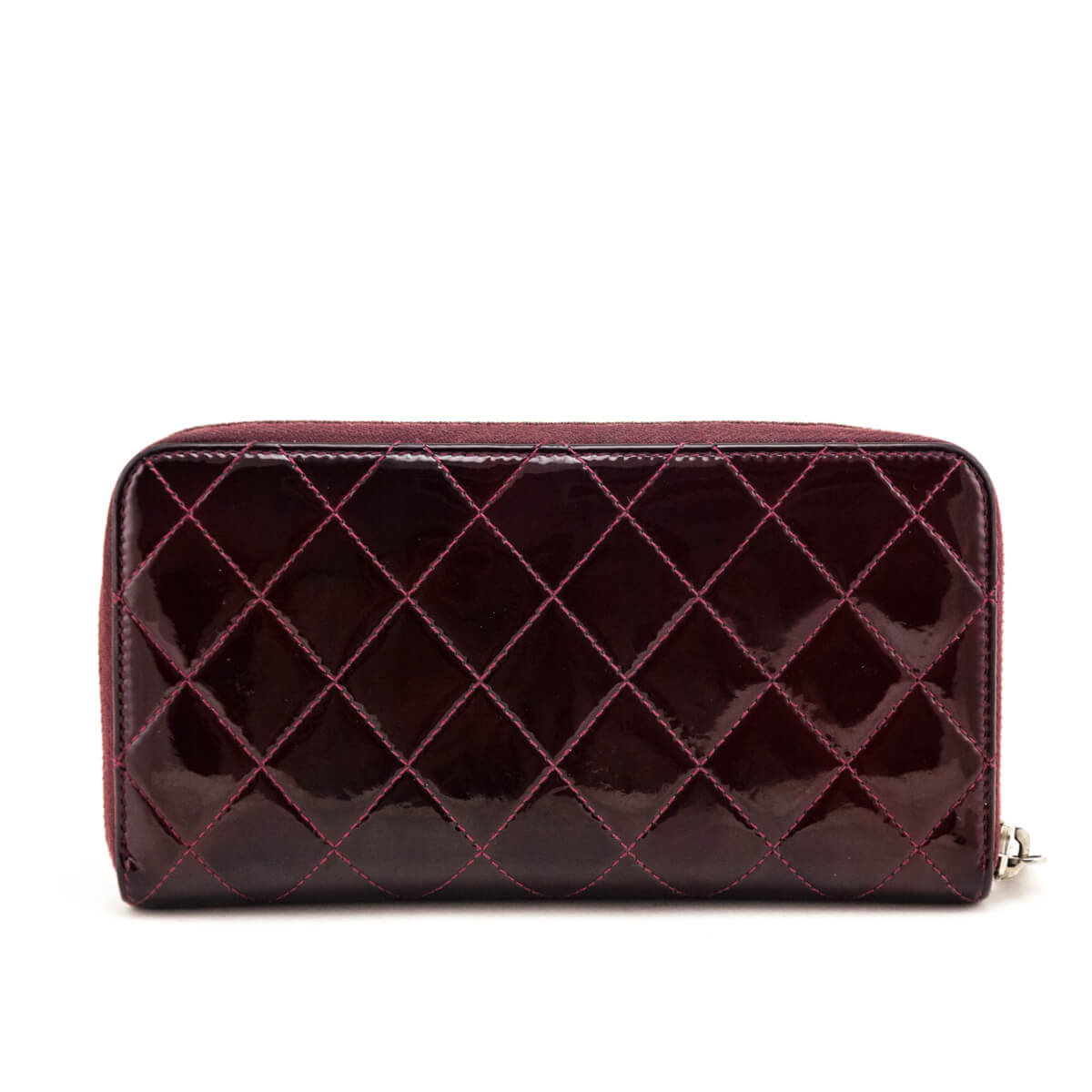 Chanel Burgundy Patent Quilted CC Large Zip Around Wallet