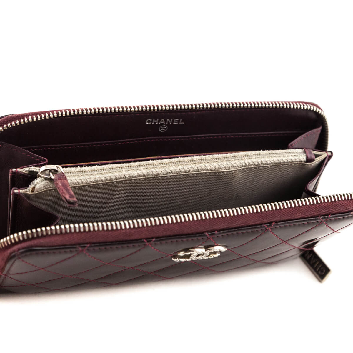 Chanel Burgundy Patent Quilted CC Large Zip Around Wallet