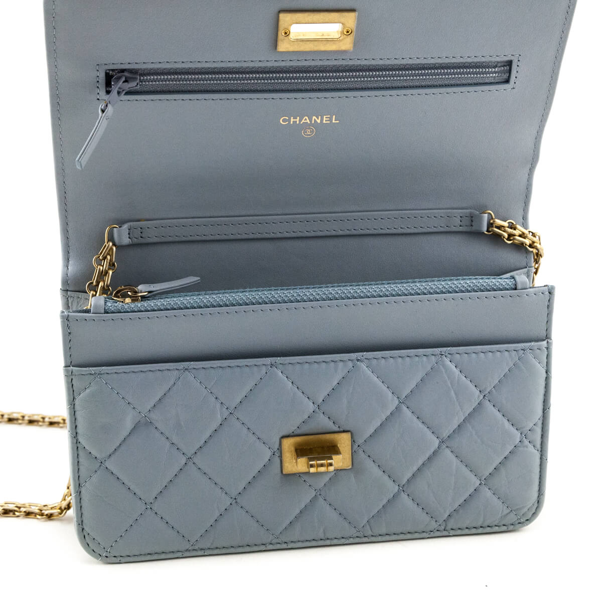 Chanel Light Blue Aged Calfskin Quilted Reissue Wallet On Chain