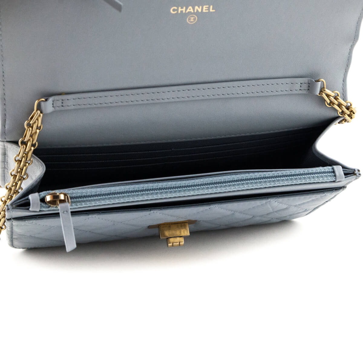 Chanel Light Blue Aged Calfskin Quilted Reissue Wallet On Chain