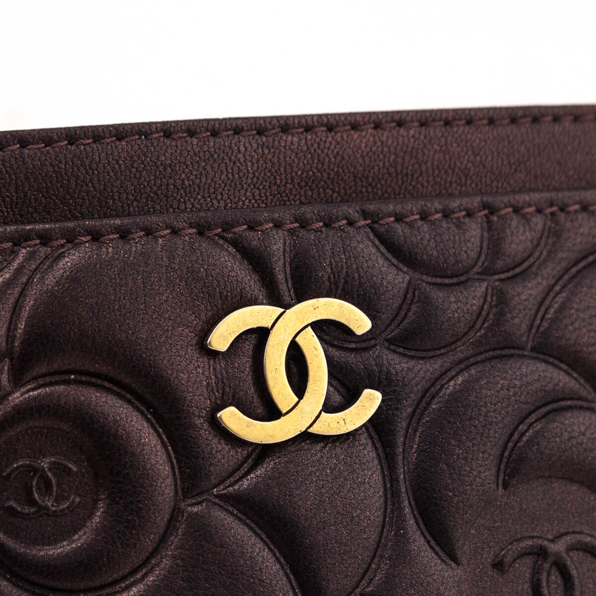 Chanel Metallic Dark Brown Camellia Embossed Lambskin Card Holder - Love that Bag etc - Preowned Authentic Designer Handbags & Preloved Fashions