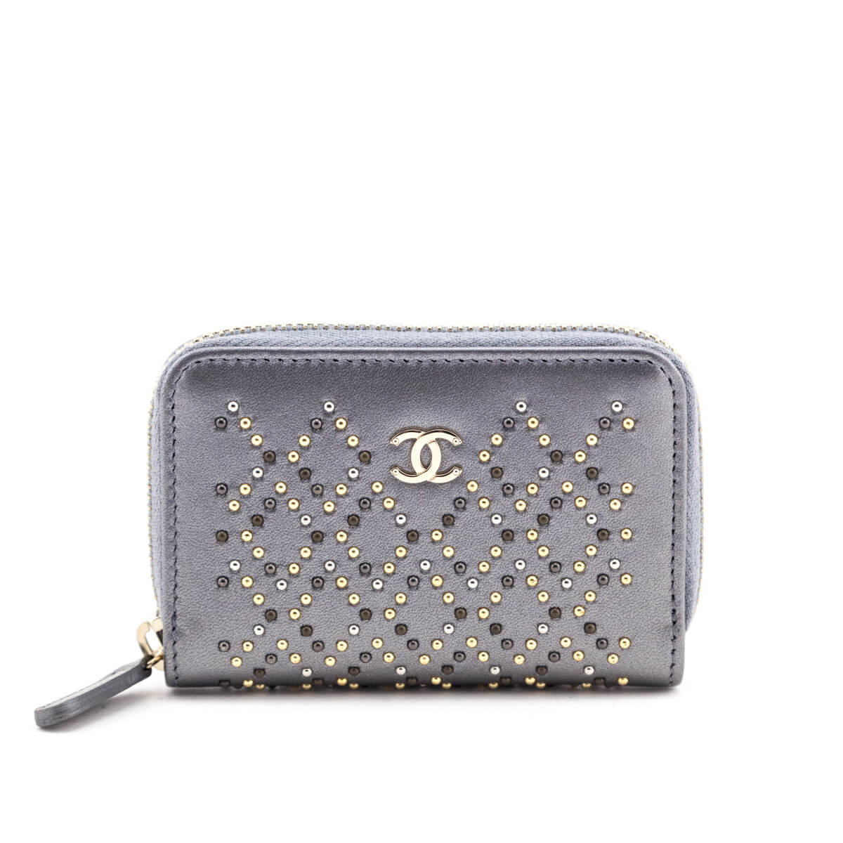 Chanel Metallic Gray Leather Studded Zip Coin Purse Wallet - Love that Bag etc - Preowned Authentic Designer Handbags & Preloved Fashions