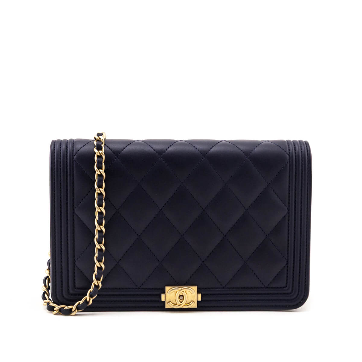 Chanel Navy Calfskin Quilted Boy Wallet On Chain WOC