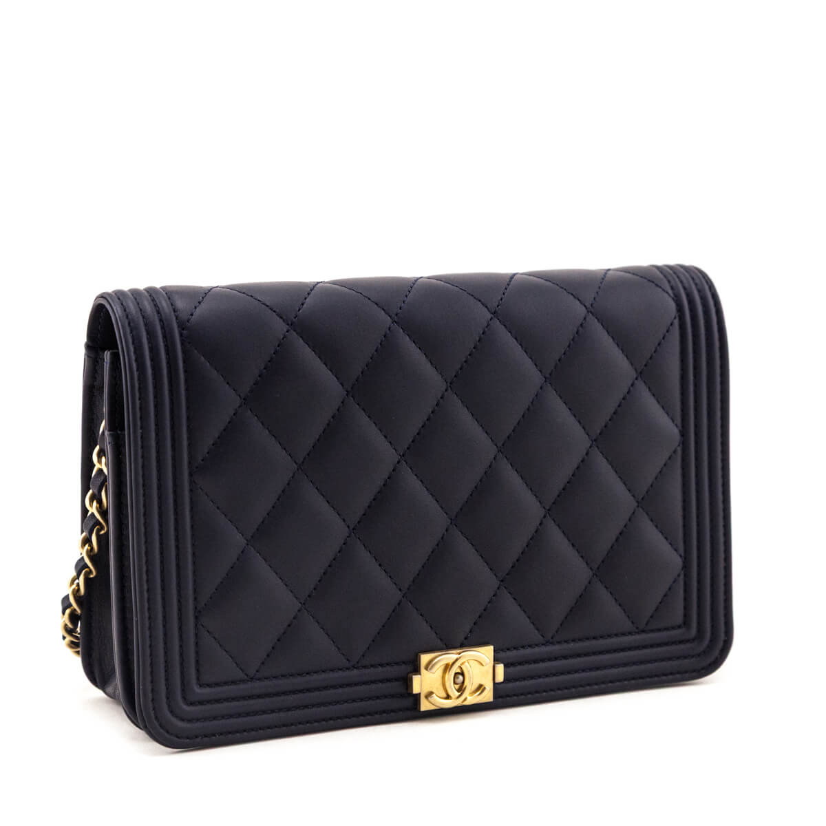 Chanel Navy Calfskin Quilted Boy Wallet On Chain WOC