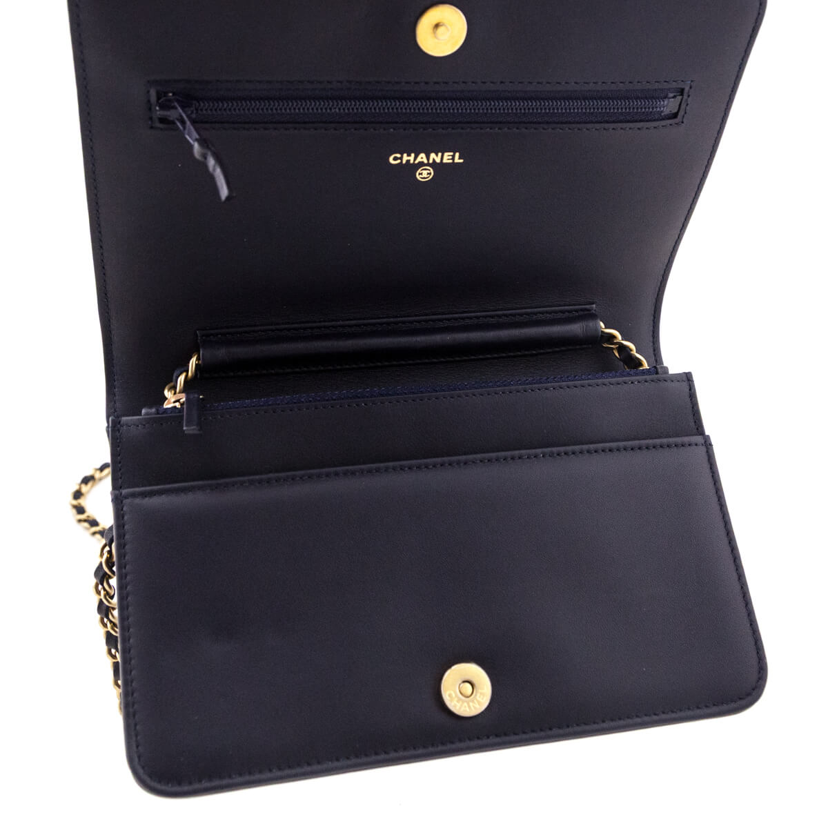 Chanel Navy Calfskin Quilted Boy Wallet On Chain WOC
