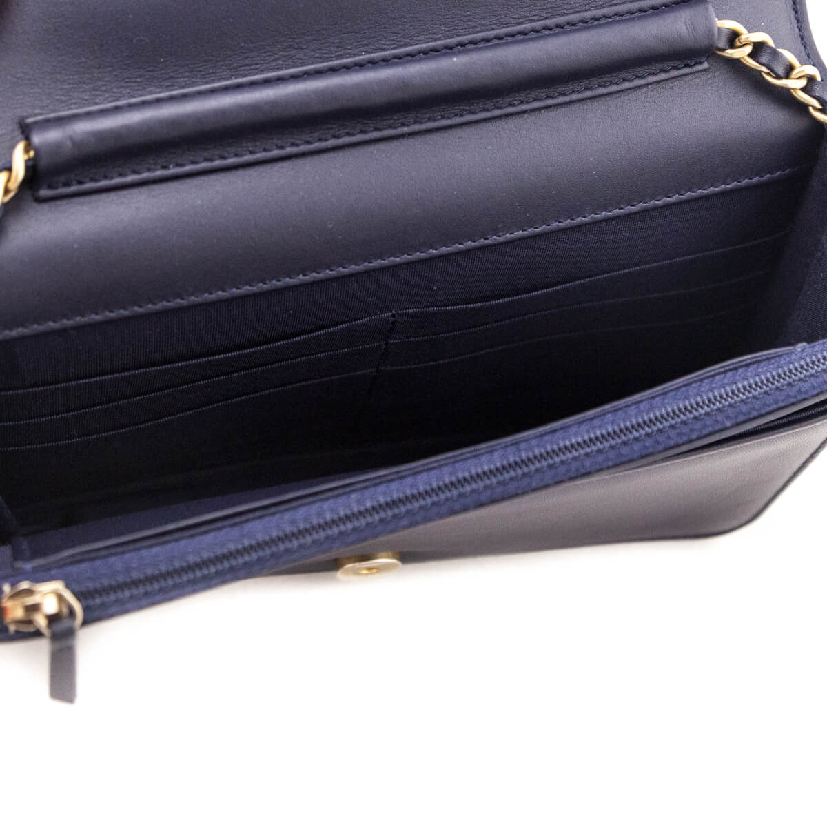 Chanel Navy Calfskin Quilted Boy Wallet On Chain WOC