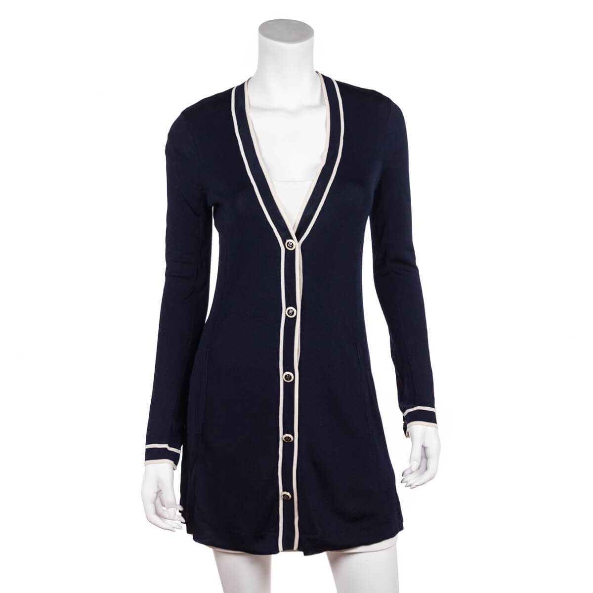 Chanel Navy Knit V-Neck Cardigan Size XS | FR 36 - Love that Bag etc - Preowned Authentic Designer Handbags & Preloved Fashions