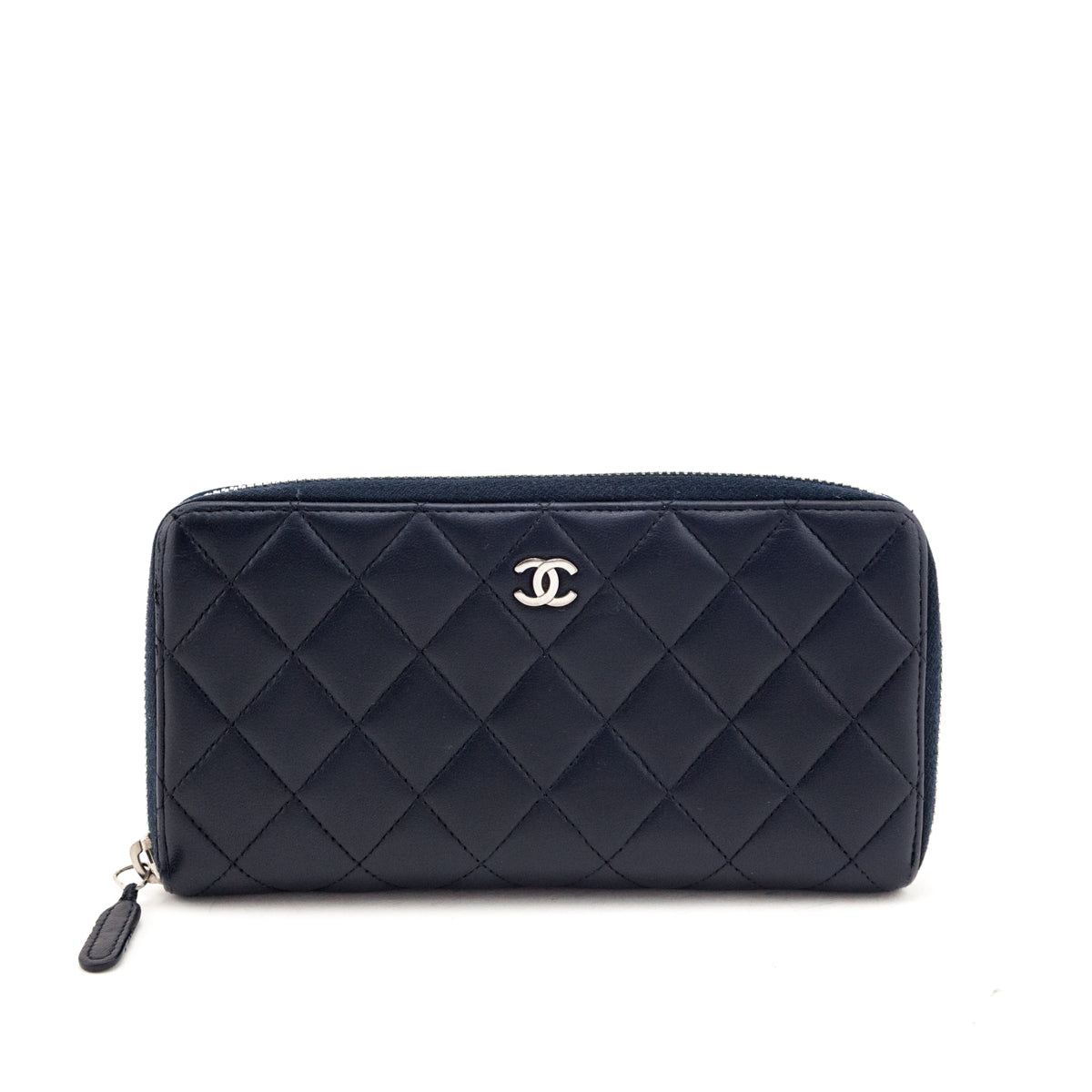 Chanel Navy Lambskin Quilted Zip Around Wallet