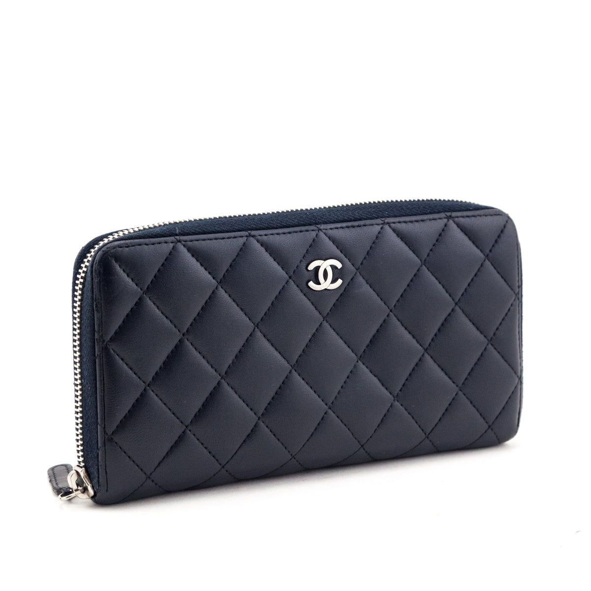 Chanel Navy Lambskin Quilted Zip Around Wallet