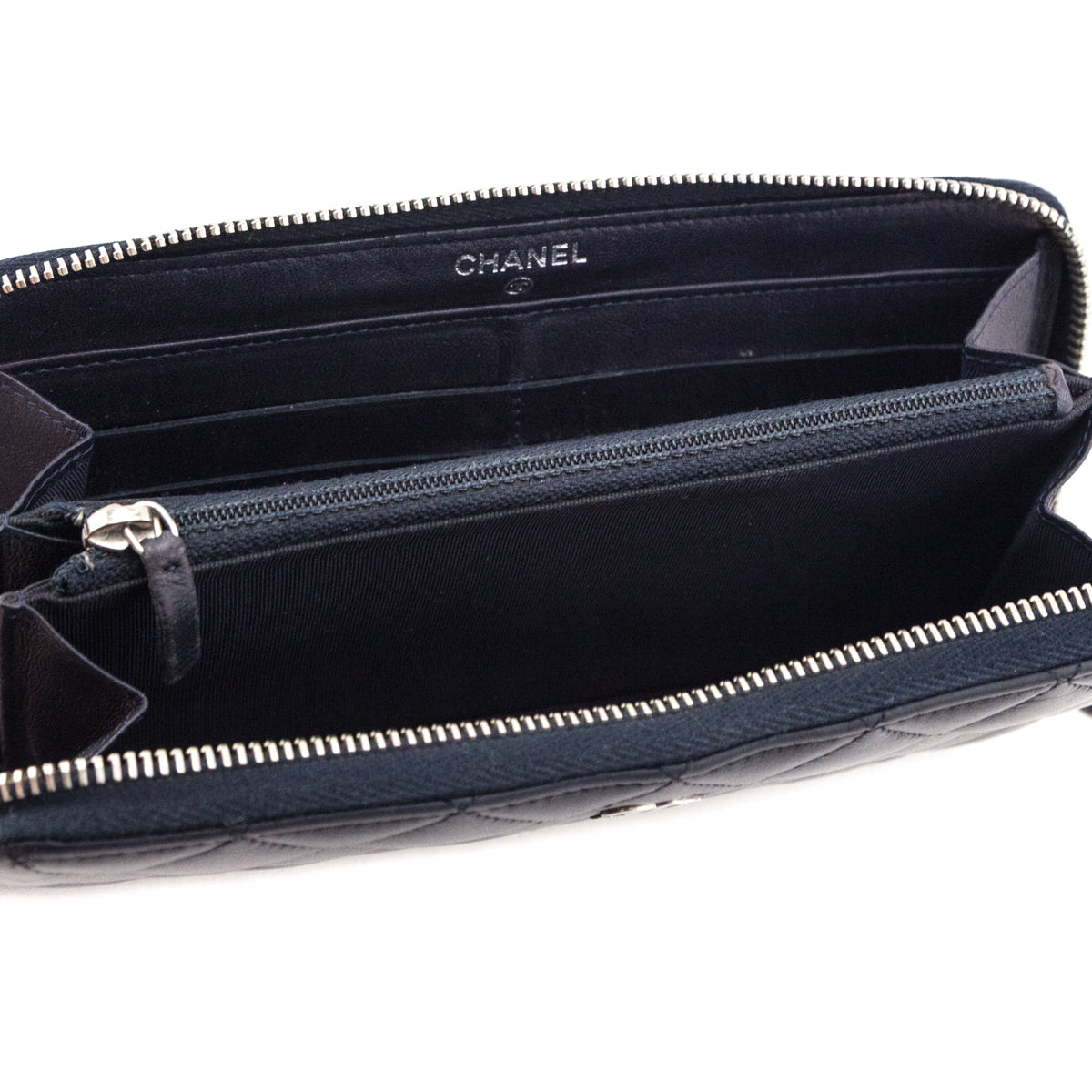 Chanel Navy Lambskin Quilted Zip Around Wallet