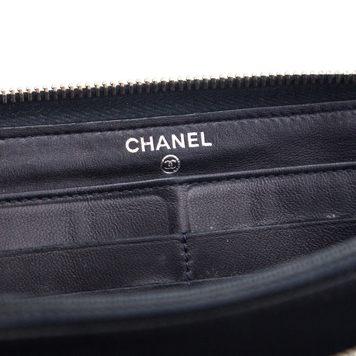 Chanel Navy Lambskin Quilted Zip Around Wallet