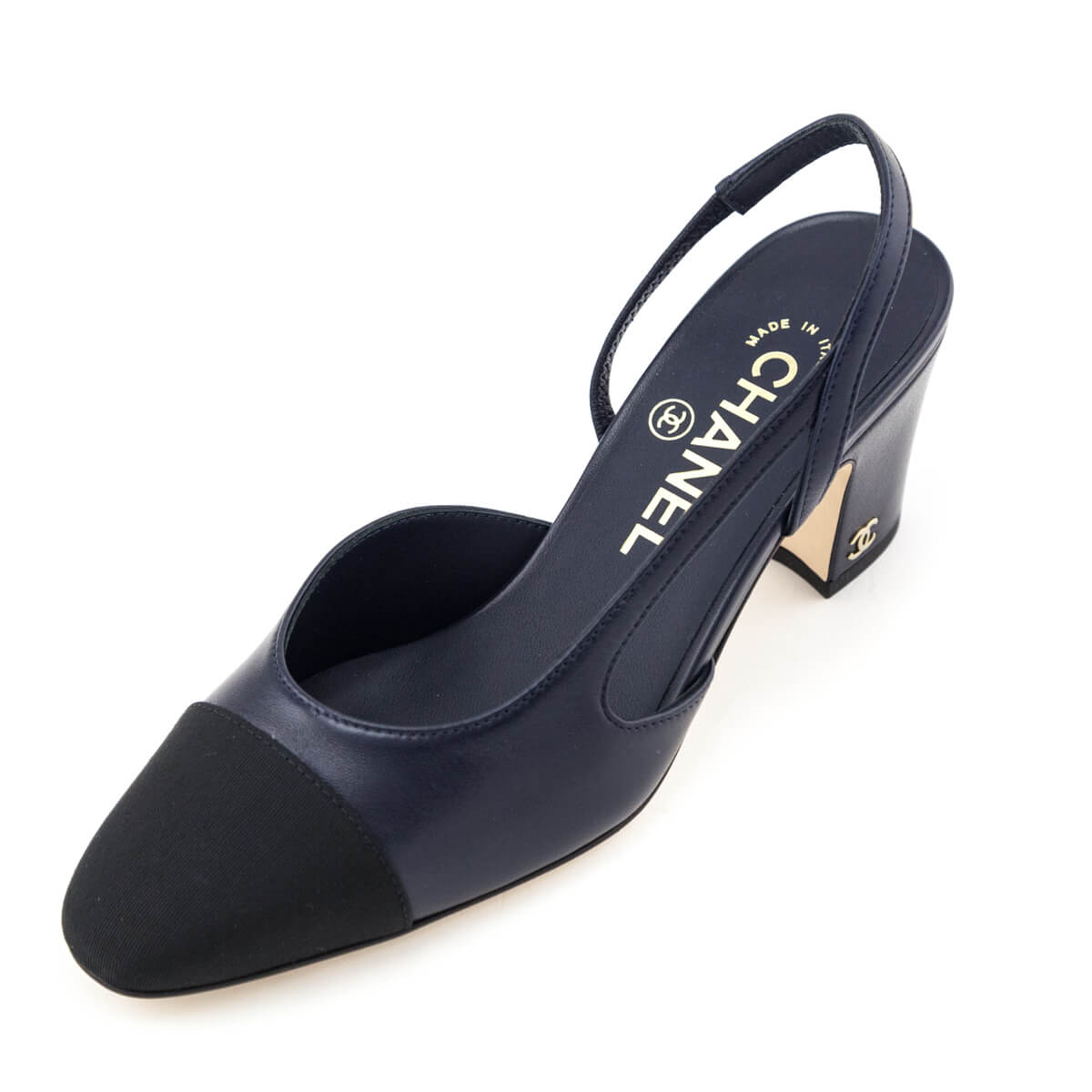 Chanel Navy Leather & Black Cap Toe CC Slingback Pumps Size US 6 | EU 36 - Love that Bag etc - Preowned Authentic Designer Handbags & Preloved Fashions