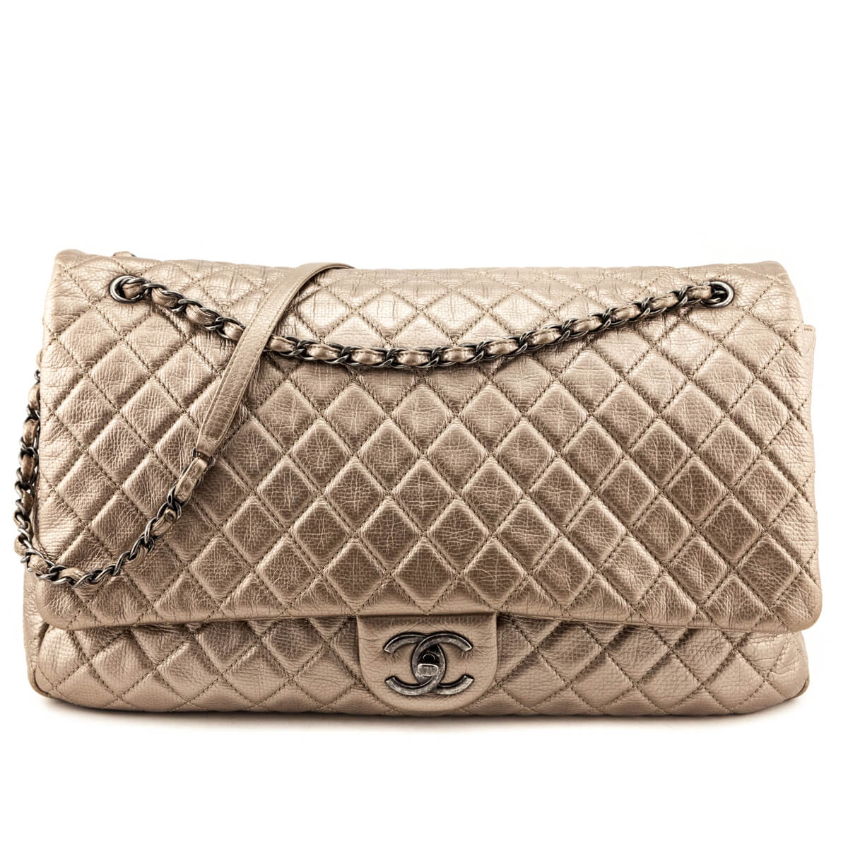 Chanel Pale Gold Metallic Calfskin Quilted XXL Travel Flap Bag - Love that Bag etc - Preowned Authentic Designer Handbags & Preloved Fashions