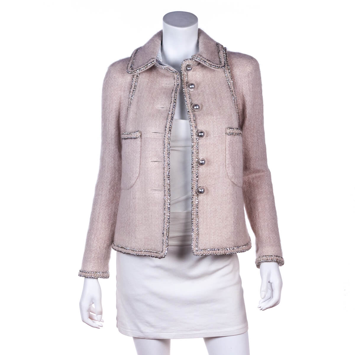 Chanel Pale Pink Mohair Silver Trim Single Breasted Jacket Size XXS | FR 34 - Love that Bag etc - Preowned Authentic Designer Handbags & Preloved Fashions