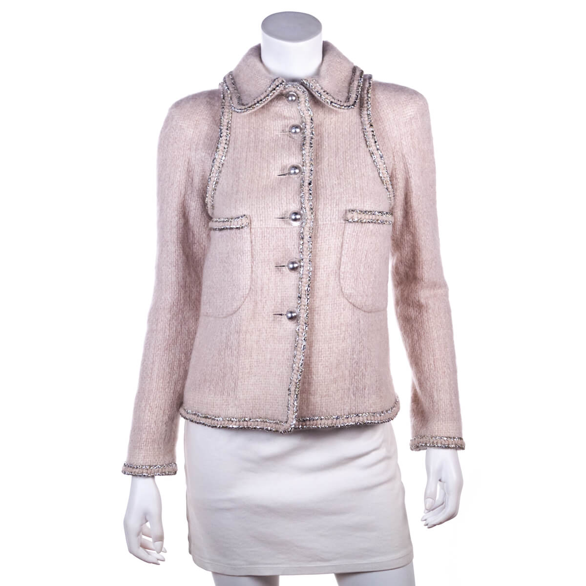 Chanel Pale Pink Mohair Silver Trim Single Breasted Jacket Size XXS | FR 34 - Love that Bag etc - Preowned Authentic Designer Handbags & Preloved Fashions