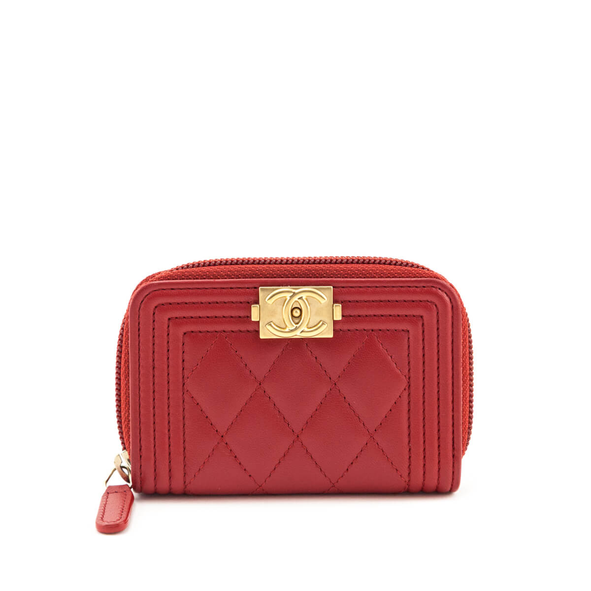 Chanel Red Lambskin Quilted Boy Zip Around Coin Purse Wallet