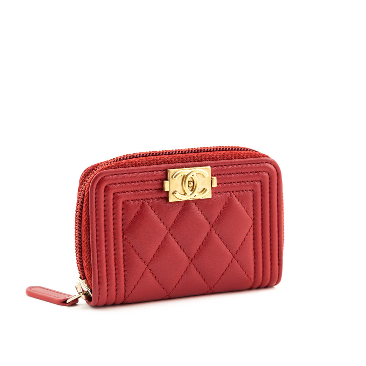 Chanel Red Lambskin Quilted Boy Zip Around Coin Purse Wallet