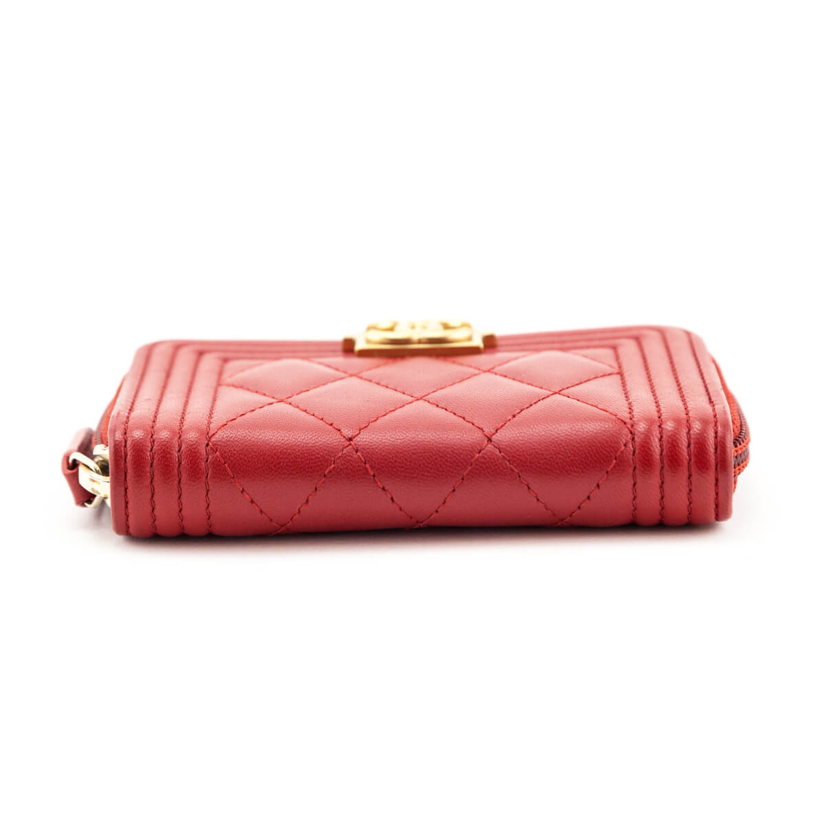 Chanel Red Lambskin Quilted Boy Zip Around Coin Purse Wallet