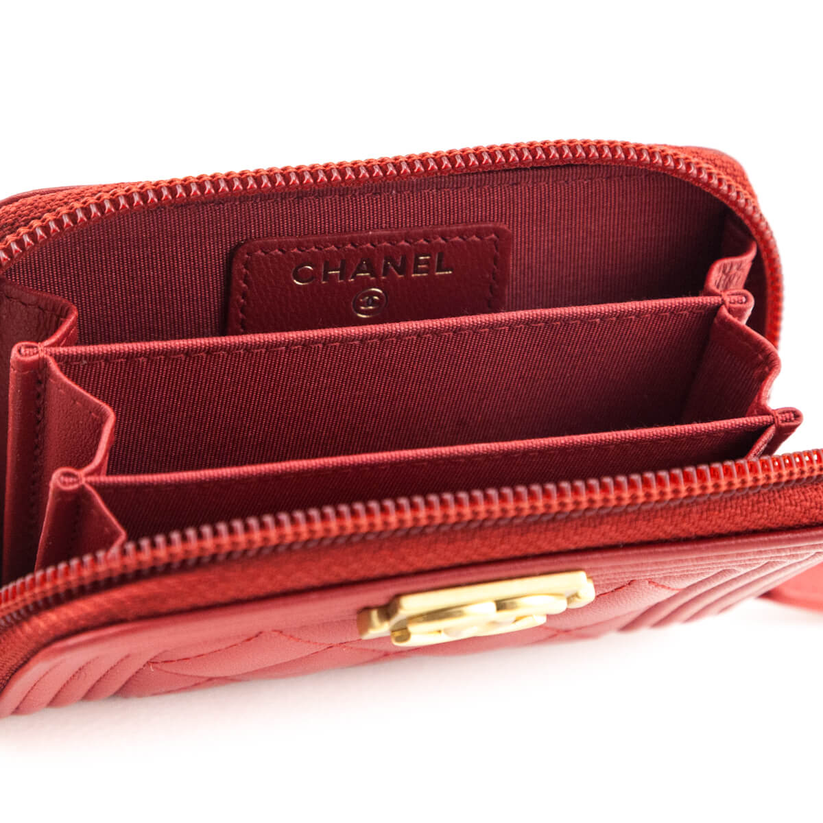 Chanel Red Lambskin Quilted Boy Zip Around Coin Purse Wallet