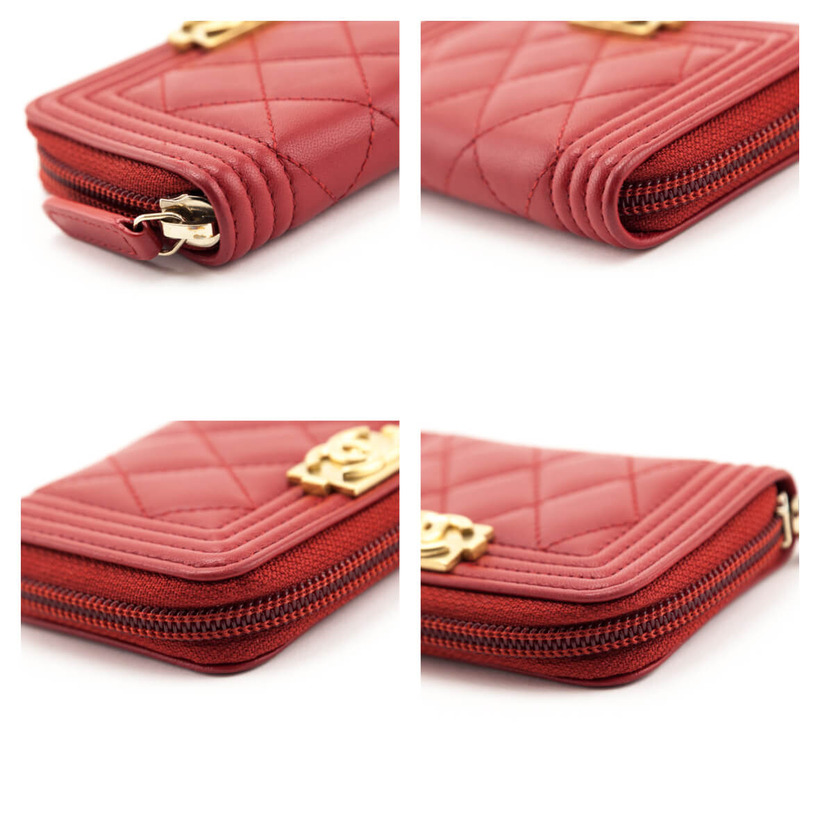 Chanel Red Lambskin Quilted Boy Zip Around Coin Purse Wallet