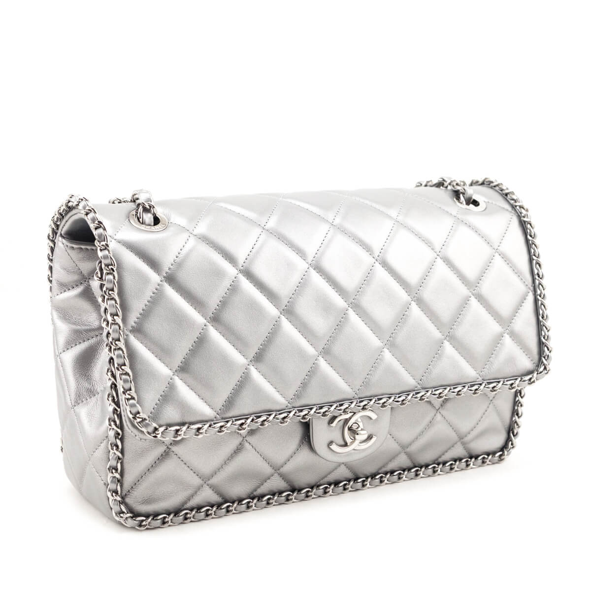 Chanel Silver Lambskin Quilted Large Chain All Over Flap Bag