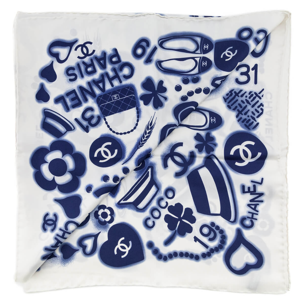 Chanel White & Blue Silk CC Icon Scarf - Love that Bag etc - Preowned Authentic Designer Handbags & Preloved Fashions