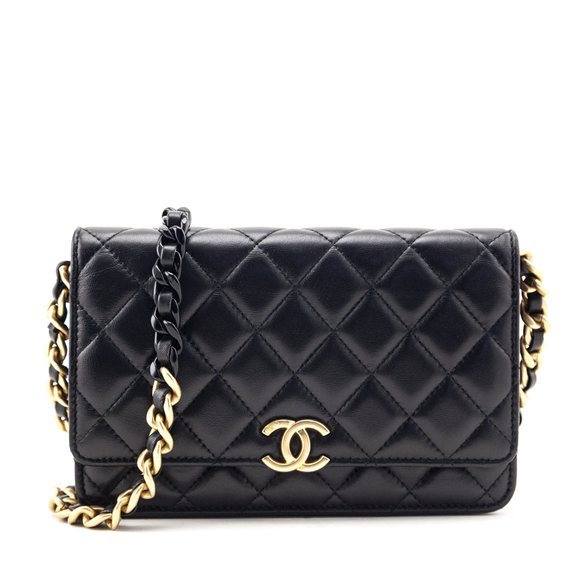 Chanel Black Lambskin Resin Quilted Wallet On Chain WOC