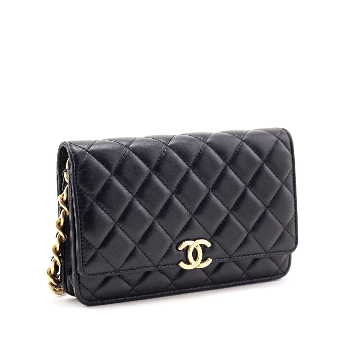 Chanel Black Lambskin Resin Quilted Wallet On Chain WOC