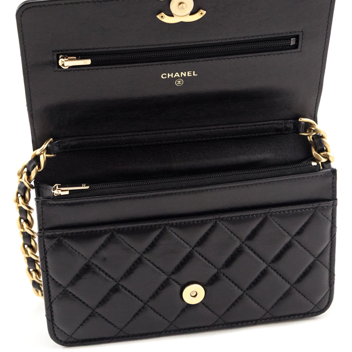 Chanel Black Lambskin Resin Quilted Wallet On Chain WOC