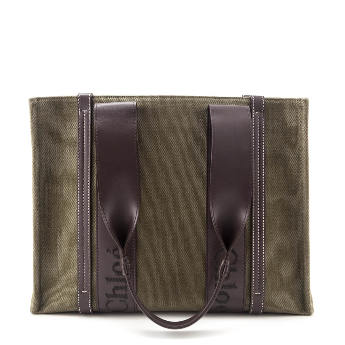 Chloe Warm Green Linen Calfskin Medium Woody Tote - Love that Bag etc - Preowned Authentic Designer Handbags & Preloved Fashions