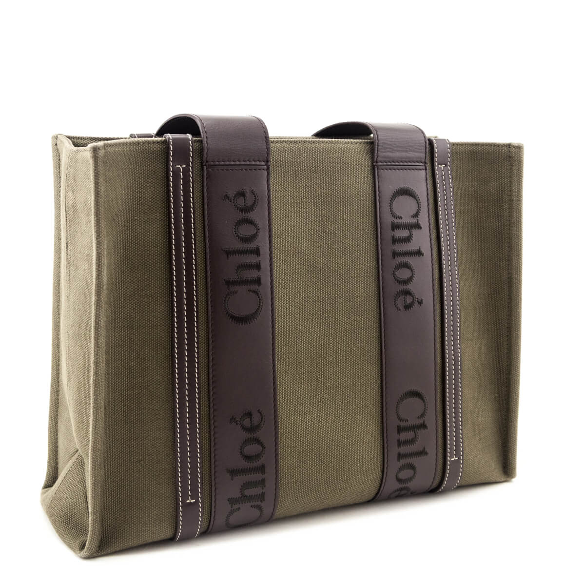 Chloe Warm Green Linen Calfskin Medium Woody Tote - Love that Bag etc - Preowned Authentic Designer Handbags & Preloved Fashions