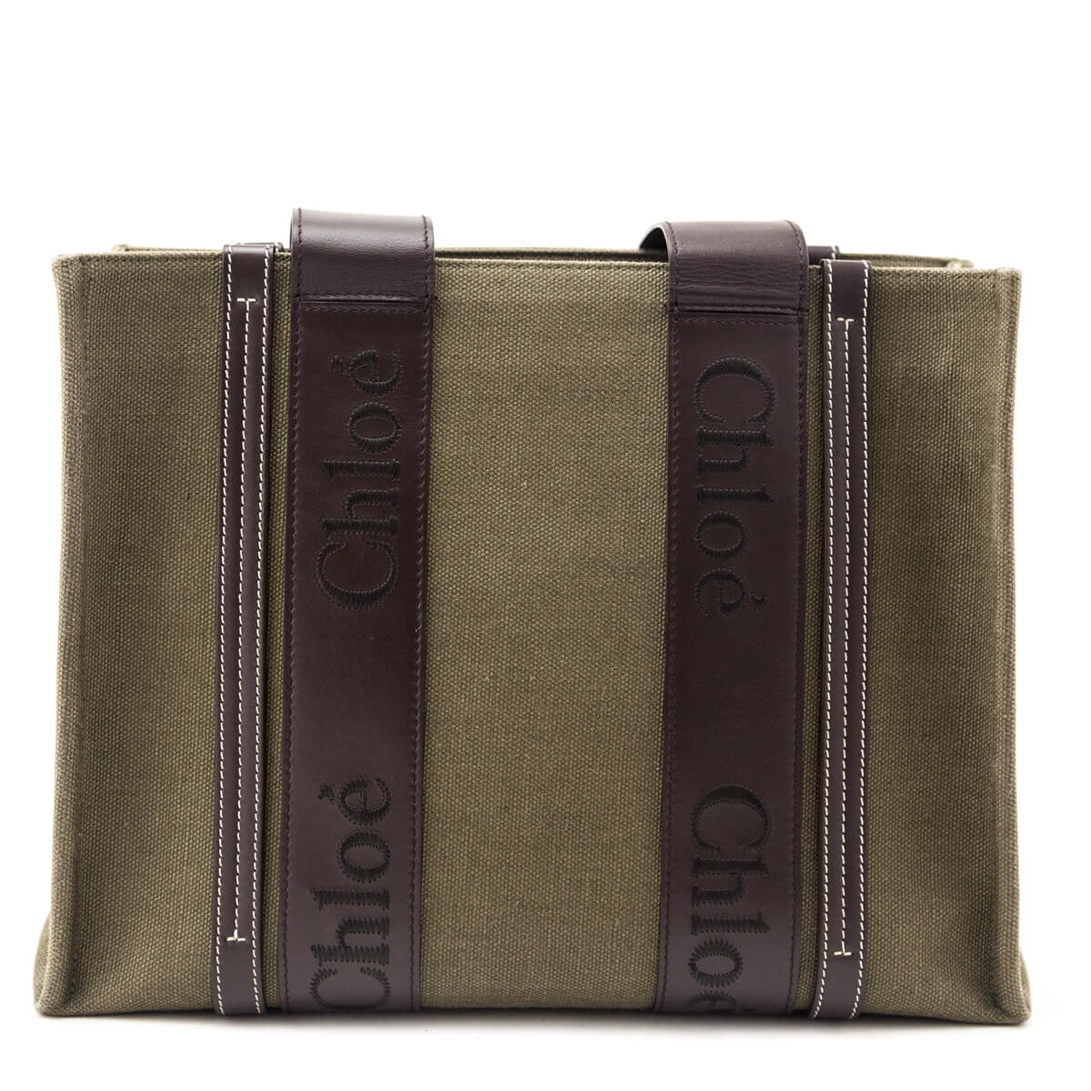 Chloe Warm Green Linen Calfskin Medium Woody Tote - Love that Bag etc - Preowned Authentic Designer Handbags & Preloved Fashions