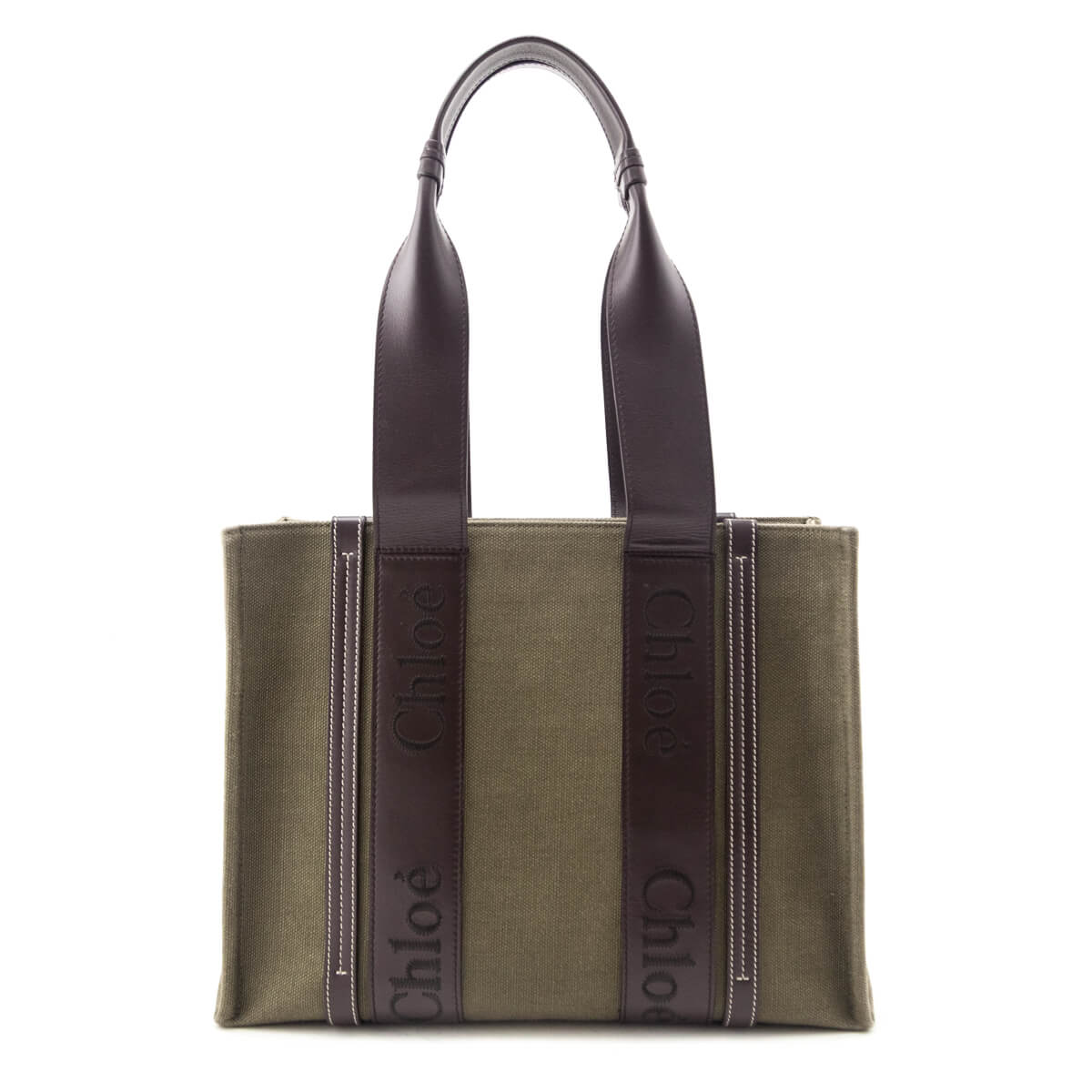 Chloe Warm Green Linen Calfskin Medium Woody Tote - Love that Bag etc - Preowned Authentic Designer Handbags & Preloved Fashions