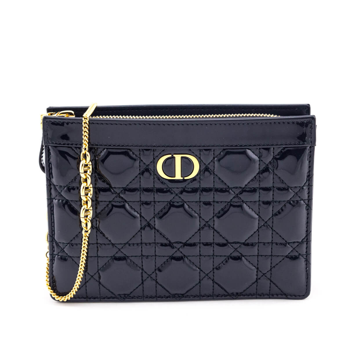 Dior Midnight Patent Quilted Cannage Caro Zipped Pouch With Chain - Love that Bag etc - Preowned Authentic Designer Handbags & Preloved Fashions