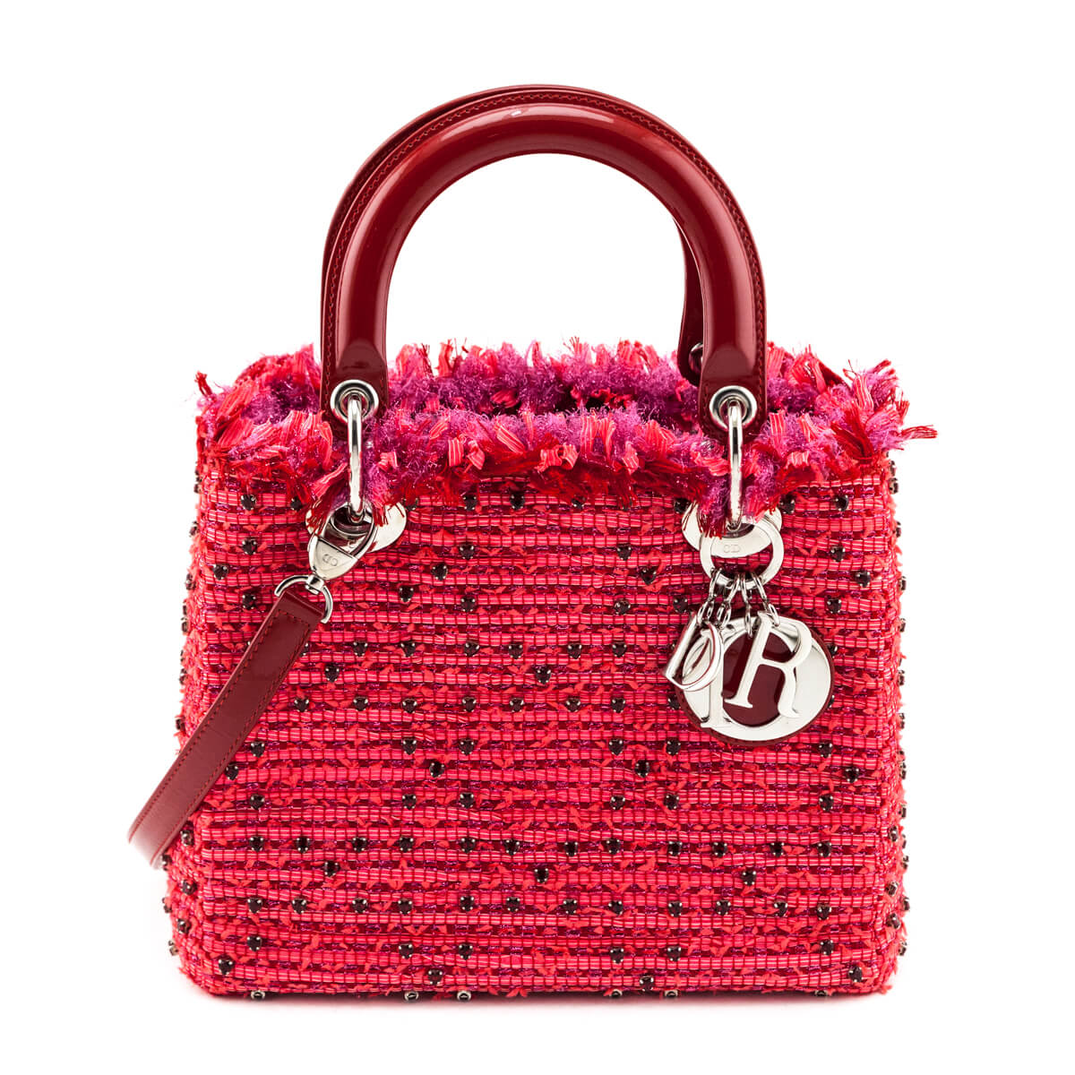 Dior Red Patent & Pink Tweed Embellished Medium Lady Dior Bag - Love that Bag etc - Preowned Authentic Designer Handbags & Preloved Fashions