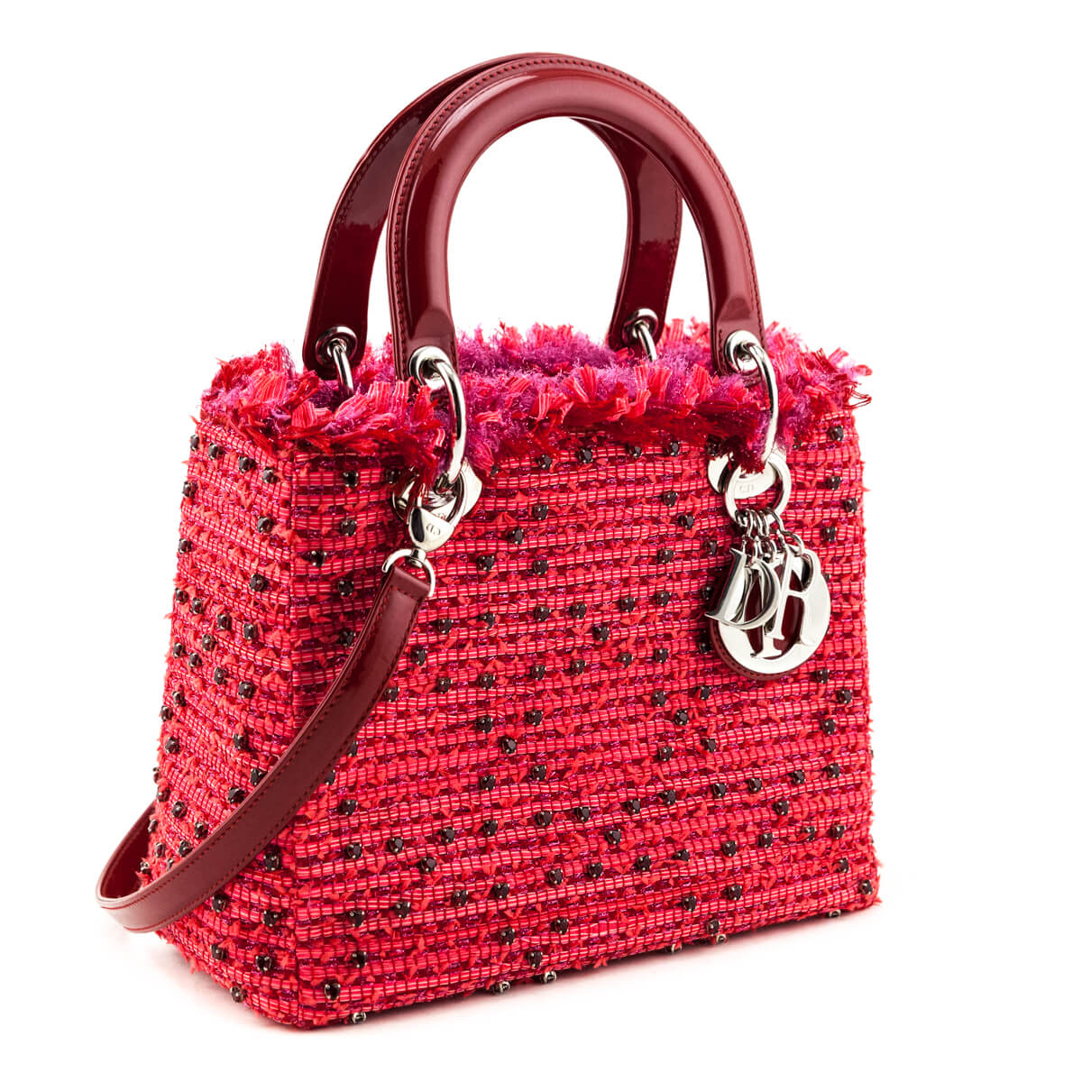 Dior Red Patent & Pink Tweed Embellished Medium Lady Dior Bag - Love that Bag etc - Preowned Authentic Designer Handbags & Preloved Fashions