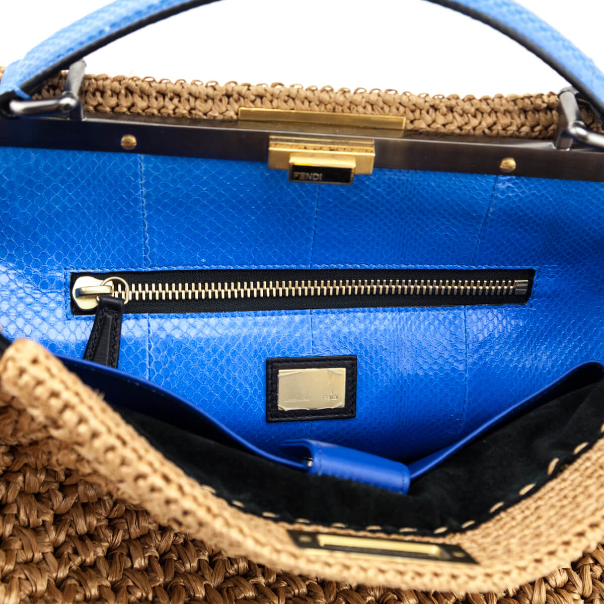 Fendi Beige Raffia & Blue Snakeskin Large Peekaboo Bag - Love that Bag etc - Preowned Authentic Designer Handbags & Preloved Fashions