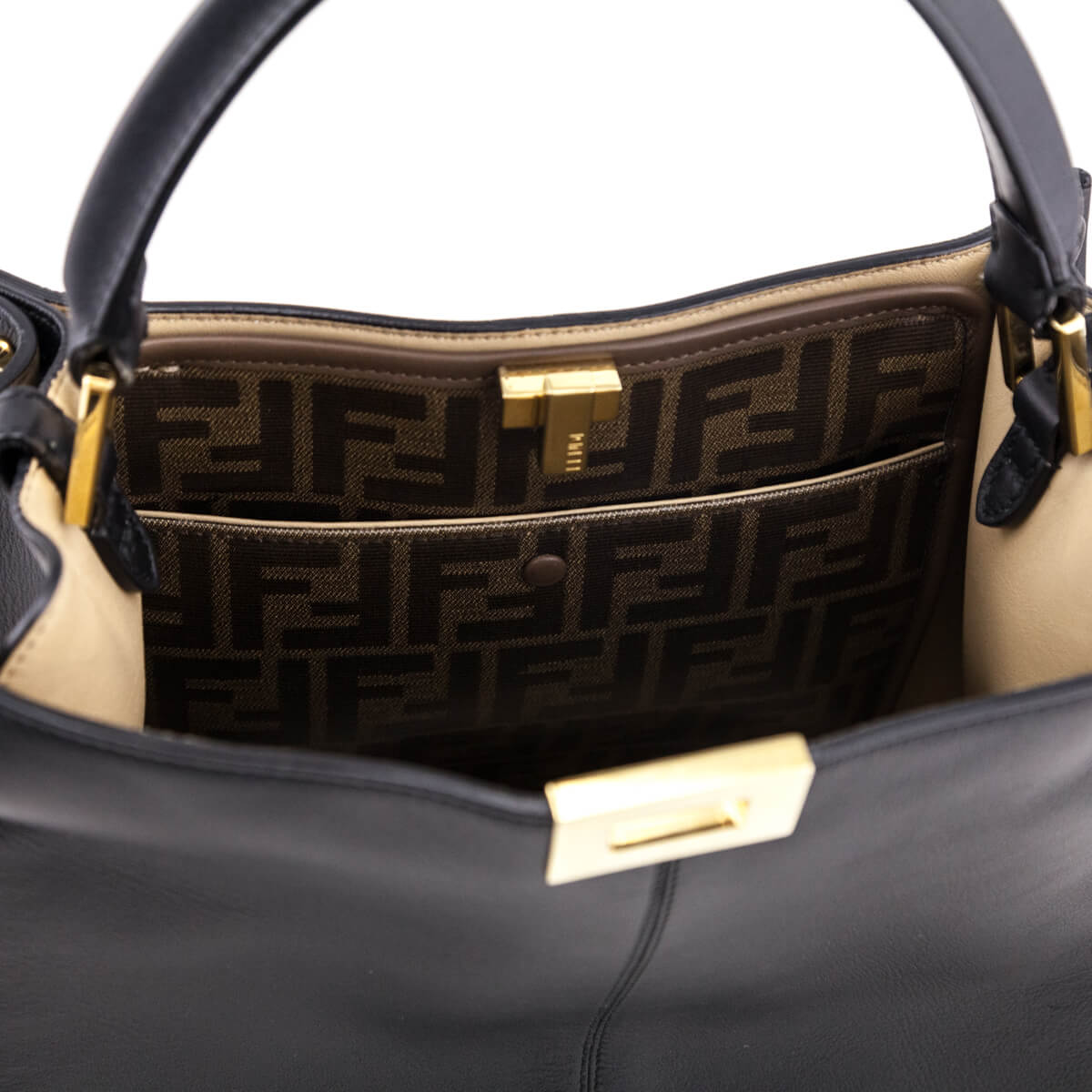 Fendi Black Mogano Panna Silk Calfskin Glazed Fabric FF 1974 Medium Peekaboo X-Lite - Love that Bag etc - Preowned Authentic Designer Handbags & Preloved Fashions