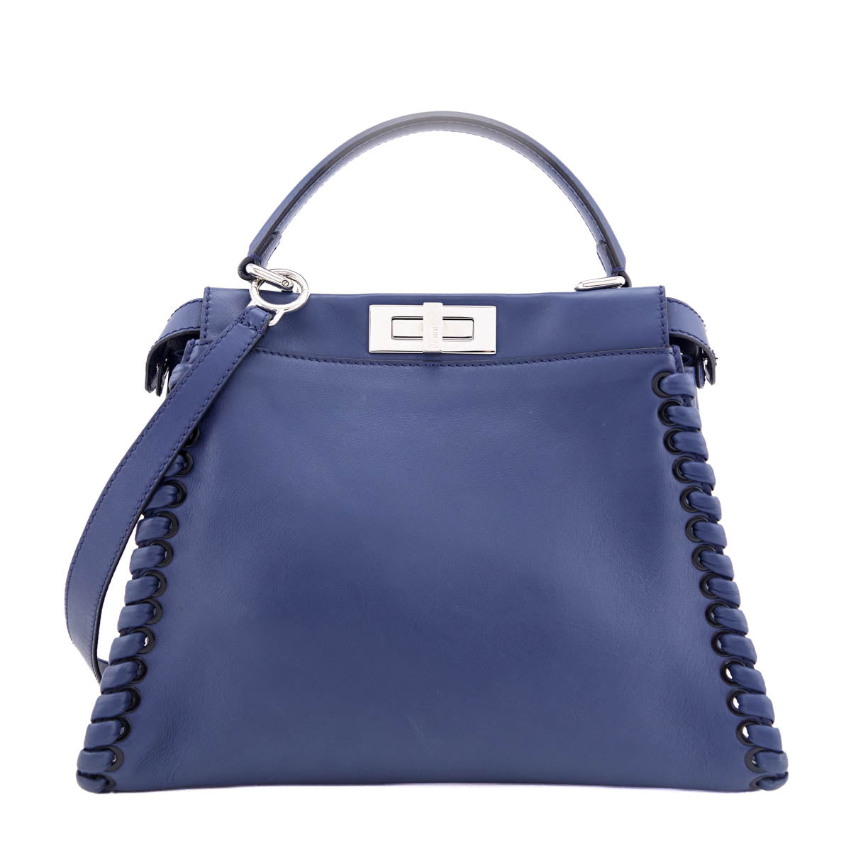 Fendi Blue Vitello Seta Lace Up Medium Peekaboo Iconic Satchel