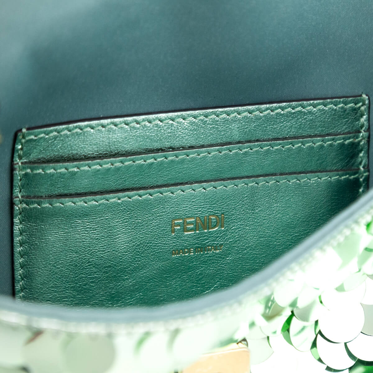 Fendi Light Green Satin Sequin Paillettes Shiny Nappa Mini Baguette 1997 - Love that Bag etc - Preowned Authentic Designer Handbags & Preloved Fashions