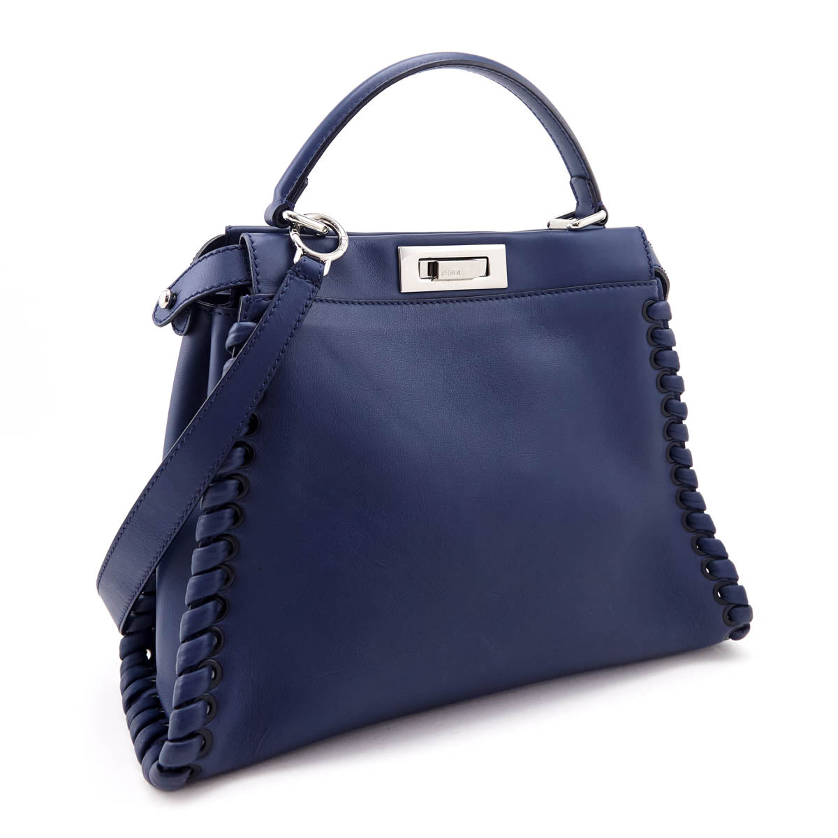 Fendi Blue Vitello Seta Lace Up Medium Peekaboo Iconic Satchel