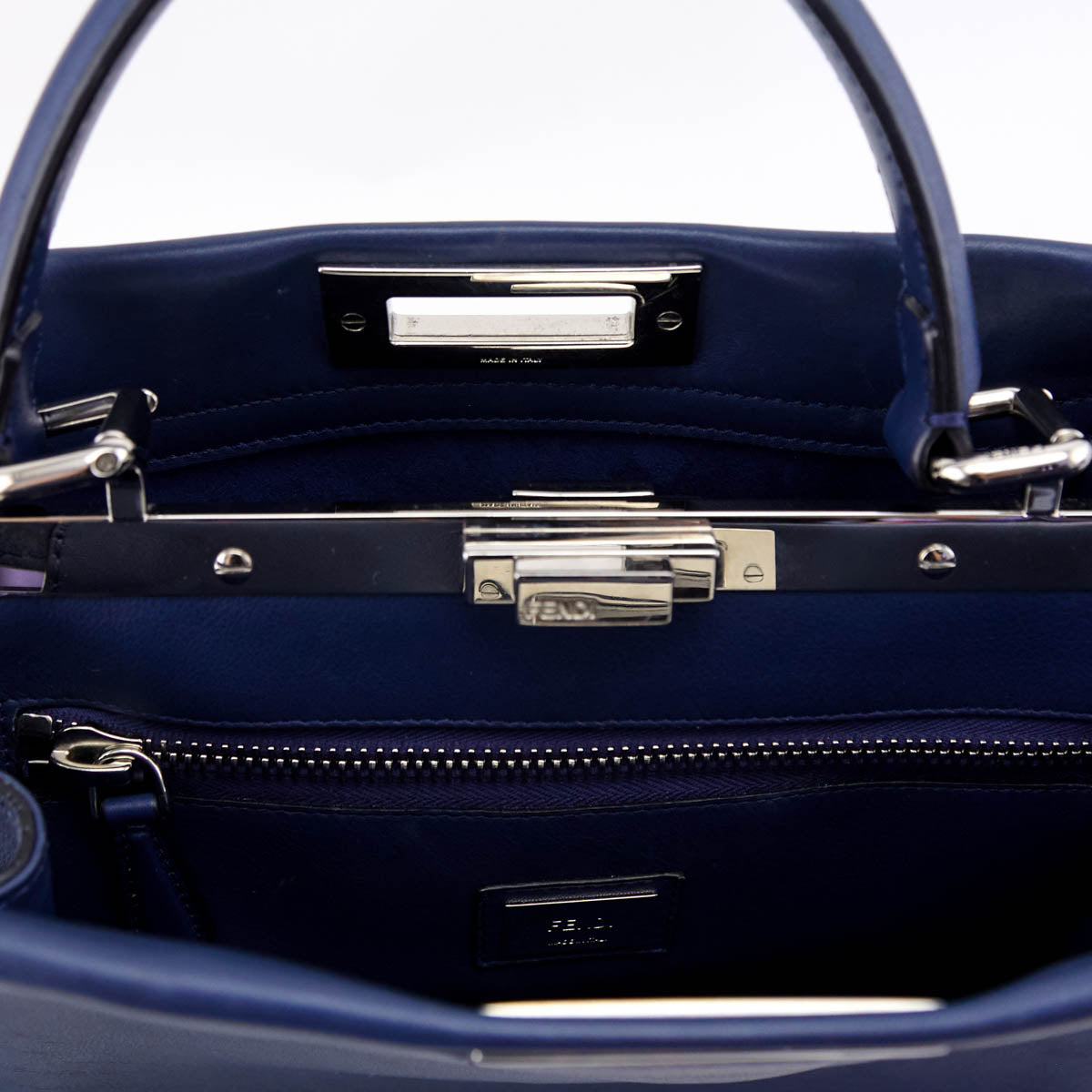 Fendi Blue Vitello Seta Lace Up Medium Peekaboo Iconic Satchel