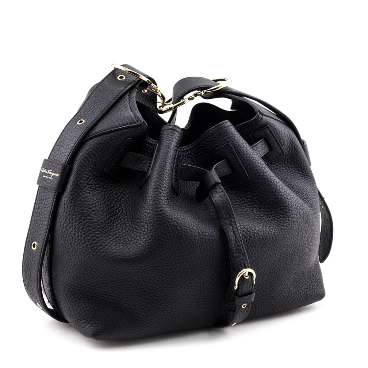 Ferragamo Black Pebbled Calfskin Carla Bucket Bag - Love that Bag etc - Preowned Authentic Designer Handbags & Preloved Fashions