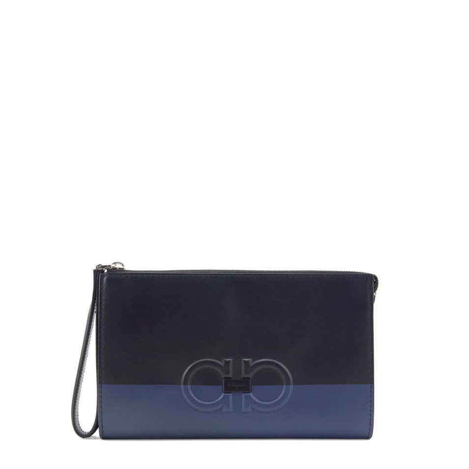 Ferragamo Black & Navy Calfskin Gancini Clutch