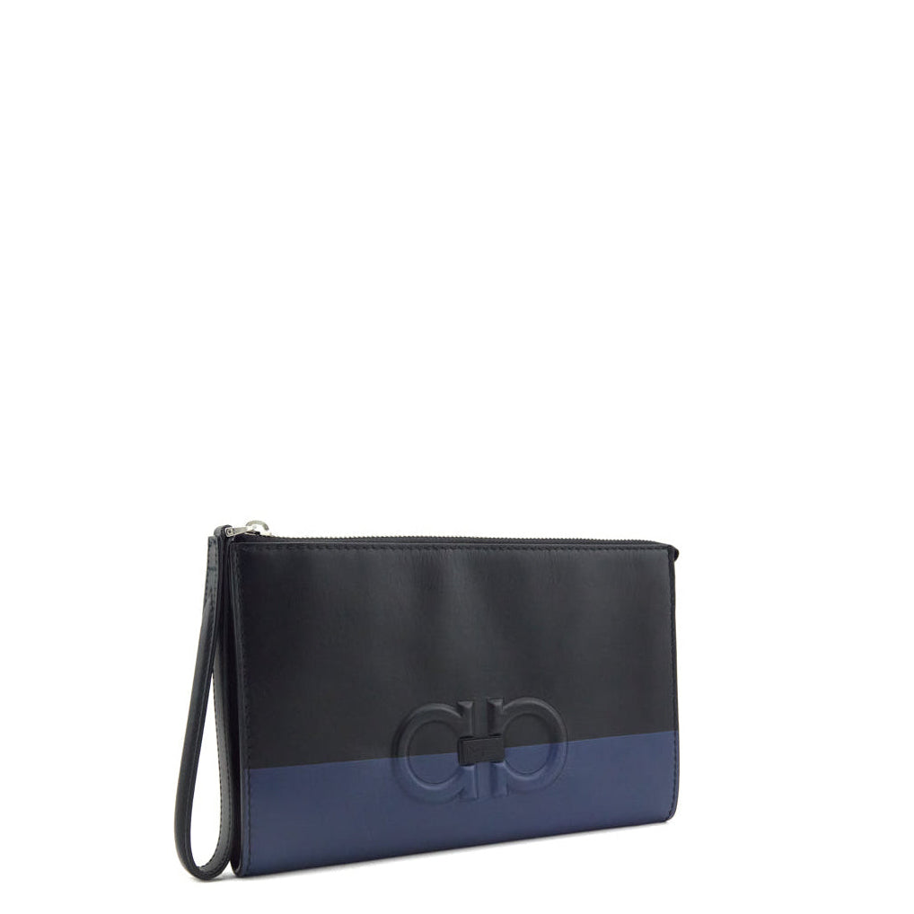 Ferragamo Black & Navy Calfskin Gancini Clutch