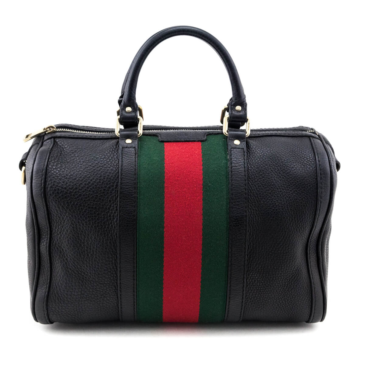 Gucci Black Pebbled Calfskin Web Boston Bag Top Handle - Love that Bag etc - Preowned Authentic Designer Handbags & Preloved Fashions