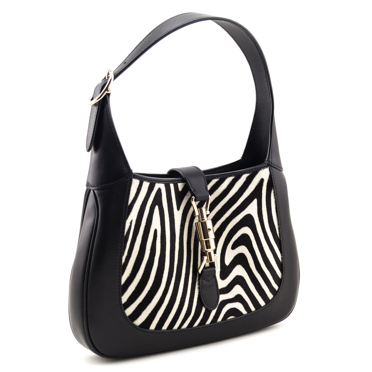 Gucci Black White Calf Hair Zebra Print Calfskin Small Jackie 1961 Hobo