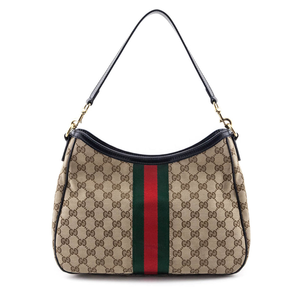 Gucci Jackie Bag Vintage Brown Leather Red Green Sherry Stripe Convertible  Purse