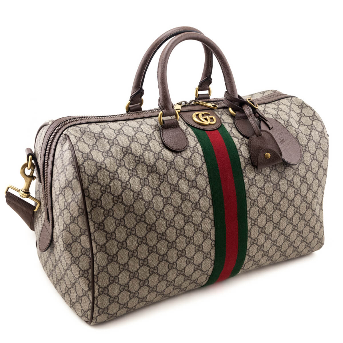 Gucci Brown Monogram GG Supreme Canvas Web Ophidia Medium Duffle Bag - Love that Bag etc - Preowned Authentic Designer Handbags & Preloved Fashions