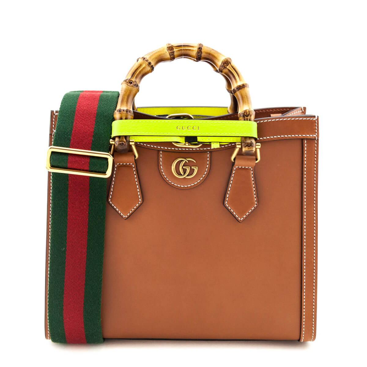 Gucci Cuir & Yellow Fluo Wonka Grain Calfskin Medium Diana Tote Bag